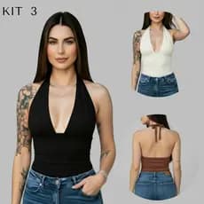 Kit 3 Blusas Femininas Suplex Costas Nuas Decote V Feminina Moderna P ao G