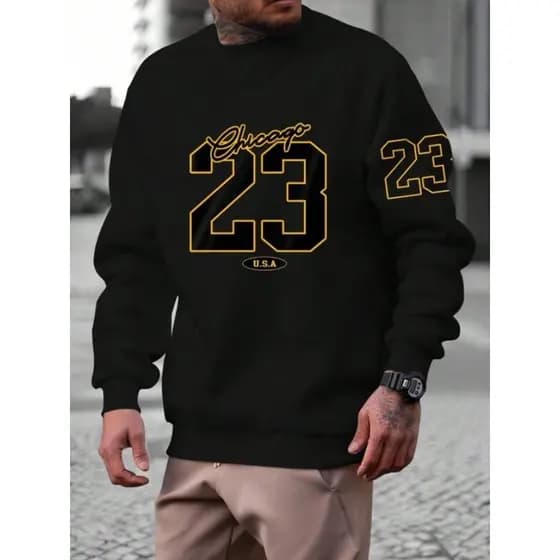 Moletons grosso Masculino Chicago 23 Preto Blusa de Frio Gola Careca Flanelado