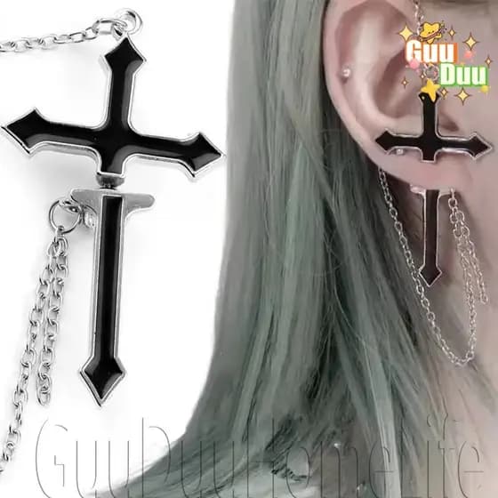[GUUDUU] Brincos Grandes De Piercing Com Pingente De Cruz Preta-Para Meninas Picantes , Roupas De Rua-Brinco Pendurado D