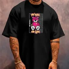 Camiseta Oversized Streetwear Masculina Gola Alta Estampa Grande Urso Academia Pain No Gain Treino
