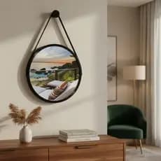 Espelho Suspenso Redondo Adnet Decorativo 50cm Com Alça Couro Ecológico Design Minimalista Moderno