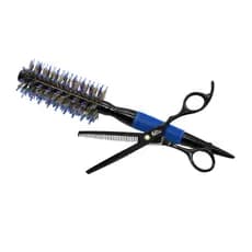 Tesoura Desbaste Invertida 6 em Aço + Escova Fina com Cerdas Naturais e Nylon, Cabo Antiderrapante