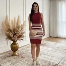 Vestido Midi Feminino Canelado sem Manga Tubinho Casual Básico Listrado de Tricot Tendência Elegante