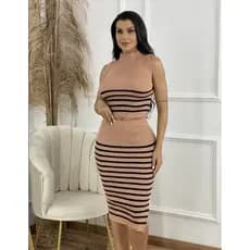 Conjunto Blusinha e Saia Midi Canelada Tricot Poliester Casual Versátil Moda Feminina Tendência