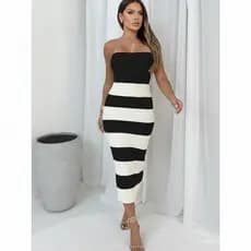 Vestido Longo Tomara Que Caia Tricot Faixa Canelado Casual Estiloso Versátil Elegante
