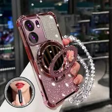 Capa Para OPPO Reno 13F 5G airbag De Quatro Cantos material anti-Queda Espelho De Maquiagem Função De Suporte De Telefon
