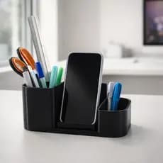 Organizador de Mesa com Suporte Celular Porta Canetas 3 Compartimentos Escritório Preto Premium