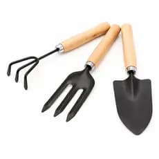 Kit Jardinagem 3 Peças Pá Garfo Raste linho Mão Cabo Madeira