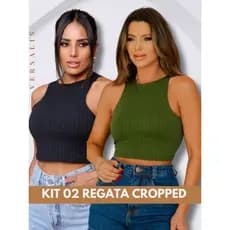 KIT 02 Cropped Regata Feminina Basica Texturizado Modela Justo Blusa