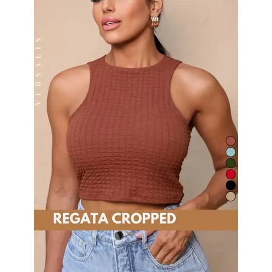 Cropped Regata Texturizado Feminina Basica Bubble Modela Justo Blusa
