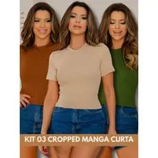 KIT 03 Cropped Camiseta Manga Curta Justa Feminina Texturizado Blusa Modela o Corpo