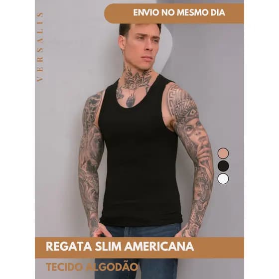 Regata Masculina Americana Slim Algodão Basica Lisa Ribana Canelada para Uso Esportivo e Casual