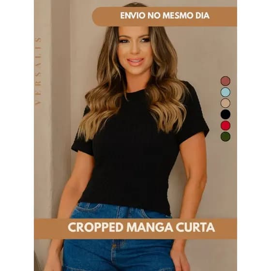 Cropped Camiseta Manga Curta Justa Feminina Texturizado Blusa Modela o Corpo