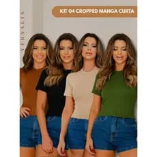 KIT 04 Cropped Camiseta Manga Curta Justa Feminina Texturizado Blusa Modela o Corpo