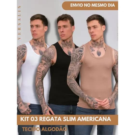 KIT 03 Regata Masculina Americana Slim Algodão Basica Lisa Ribana Canelada para Uso Esportivo e Casual