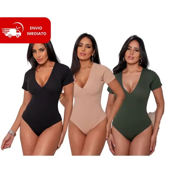 Body Decote aberto V Canelado Manga Curta Feminino