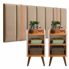 Conjunto Quarto 2 Mesas de Cabeceira Max Retrô com Prateleira e Cabeceira Modulo Adesivo Cama Sonho