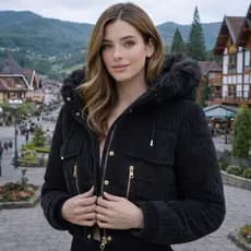 Jaqueta Puffer Feminina Cotelê Cropped Forrado Peluciado Capuz Removível