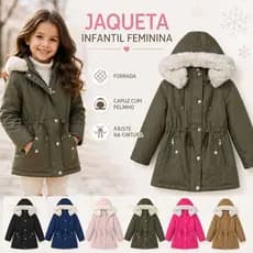 Jaqueta Infantil Parka Sarja Feminino Casaco Juvenil Forro Peluciado Capuz Impermeável