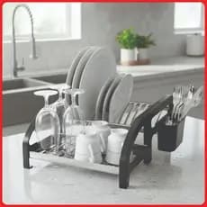 Escorredor de Louça Seca Prato Preto em aço Inox Cama com Porta Talheres Tigela Panela Forma Cozinha
