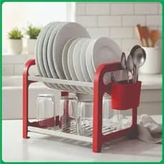 Escorredor de Louça 12 Pratos Copos Panelas Vermelho em Inox com Porta Talher Utensílio de Cozinha