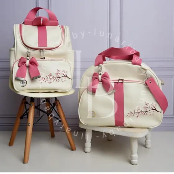 Bolsa Maternidade kit 2 peças menina e menino mala e mochila multifunção impermeável com bordado de flores e leãozinho
