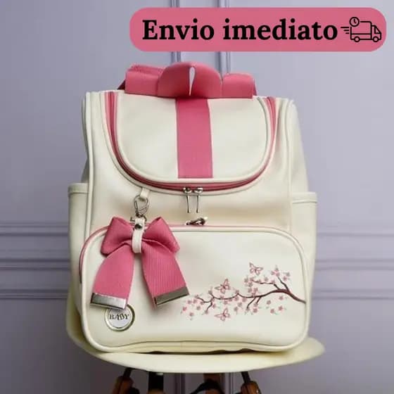 Mochila Maternidade Multifuncional Impermeável Bordado de Flor e Leãozinho Menina/Menino