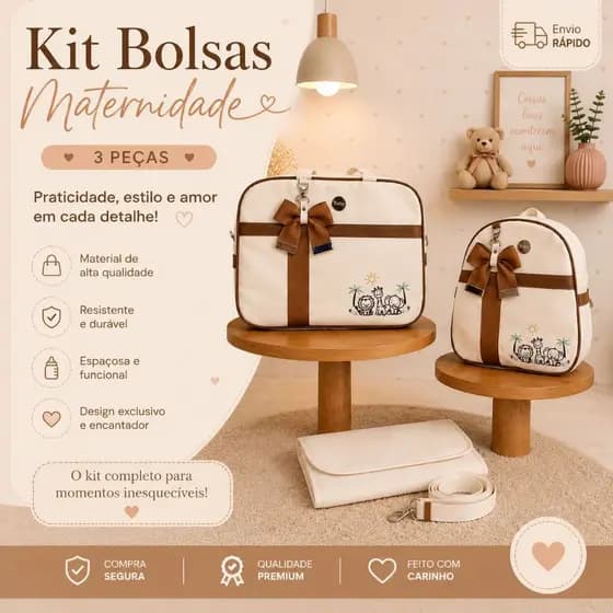 Kit Maternidade 3 Peças Impermeável Completo com Trocador Portátil Bolsa Bebê Safari