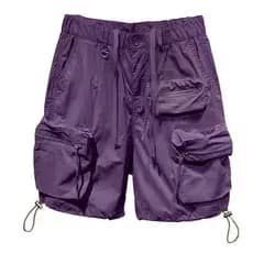 Calças europeias novas roupas, shorts masculinos estourando bolsos roxos