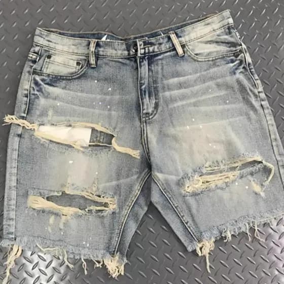 Shorts de praia rasgados de designer, jeans, calças estilo europeu, shorts folgados com design exclusivo.