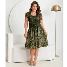 Vestido Feminino Mídi Gola Quadrada Barrado Estampado Casual Dia a Dia