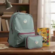 Kit escolar feminino com mochila nylon, estojo 100 pens e kit BIC completo. Resistente, colorido e prático para escola