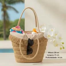 Bolsa de Palha com Franjas Zíper Forrada Caramelo Verão Piscina Praia