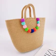 Bolsa De Feminina Praia Sacola Verão Com Alça Dupla Pom Pom