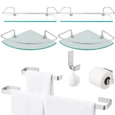 Kit Acessórios Conjunto Banheiro Inox  Peças + Porta Shampoo Prateleira Vidro Canto Ou Reto