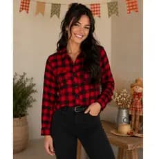 Blusa Feminina Xadrez Estilo Junino com Manga Longa