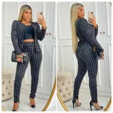 Conjunto Feminino Xadrez Calça e Blazer Casaquinho Ponto Roma