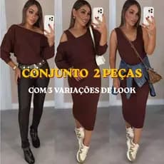 Conjunto Feminino de 2 peças Vestido Midi + Blusa Manga 3/4 Feito em Tecido Ribana
