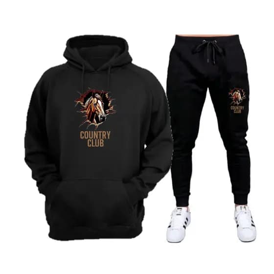 Conjunto de Moletom com Calça Preta Lançamento Country Club Cavalo Tecido Flanelado