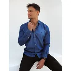 Camisa Social Jeans Masculina Azul Social Com Botões Manga Longa