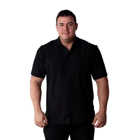 Camisa Social Masculina Manga Curta Listras Plus Size Com Bolso Bordado