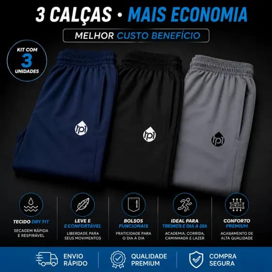 Kit 3 Calças Masculinas Dry Fit Caminhada Tactel Academia Confortável Casual Preta Dia Dia Jogador