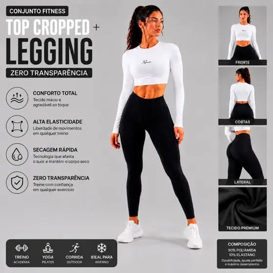 Conjunto Fitness Top Cropped + Calça Legging Poliamida  Academia Inverno  Zero Transparência