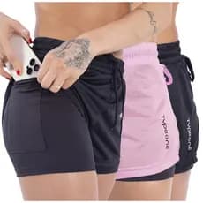 Kits Shorts Feminino Duplo 2 em 1 Suporte Short Bolso Celular Academia Suplex Treinos Compressão