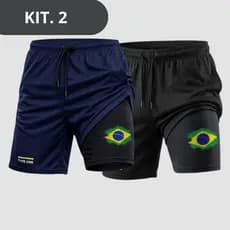 KIT 2 Shorts 2 em 1 DryFit Original Elastano Academia Esporte Treino Masculino Brasil Copa