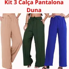 Kit 3 Calças Pantalona Feminina Cintura Alta Tecido Duna com Bolso Elegante