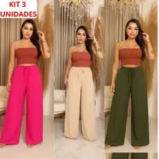 Kit 3 Calça Pantalona Duna Wide Leg Cintura Alta Com Bolso