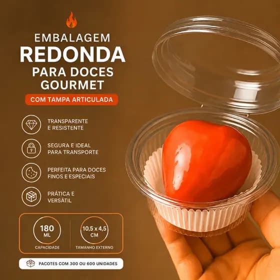 300~600 Embalagens Redondas com Tampas articuladas 180ml Doces Gourmet Mousse e Brigadeiro