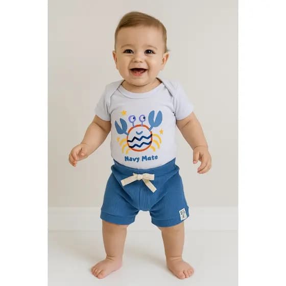 Conjunto Body Bebê Menino Caranguejo e Bermuda Ribana Canelada Verão 2 peças