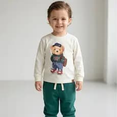 Conjunto Infantil Menino Manga Longa Algodão Premium Estampa Urso + Calça Moletom Felpado 2 peças Inverno